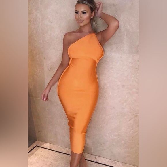 HOUSE OF CB 'Sasha' Orange One Shoulder Bandage Dress NWOT - Picture 1 of 12
